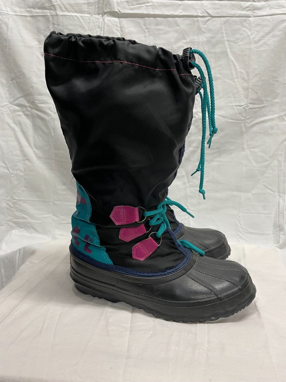 Sorel Women's Size 7 Vintage Freestyle Winter Boots Black With Teal & Pink Y2K